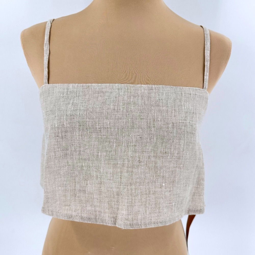 Reformation Oatmeal Linen Crop Top Square Neck Button Back Beige 100% Linen NEW